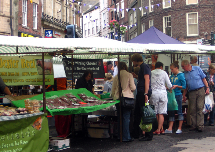 Durham Marketplace today - in the same place since the twelfth century when Bishop Flambard moved it away from Palace Green, to protect his Cathedral from 'fire and filth'.